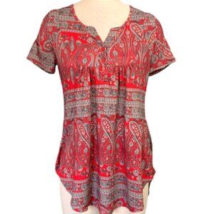 Halife Short Sleeve Henley Tunic Top Paisley Red Sz M #3E
